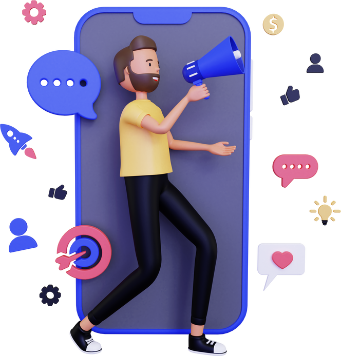 3d Marketing manager doing online marketing with mobile